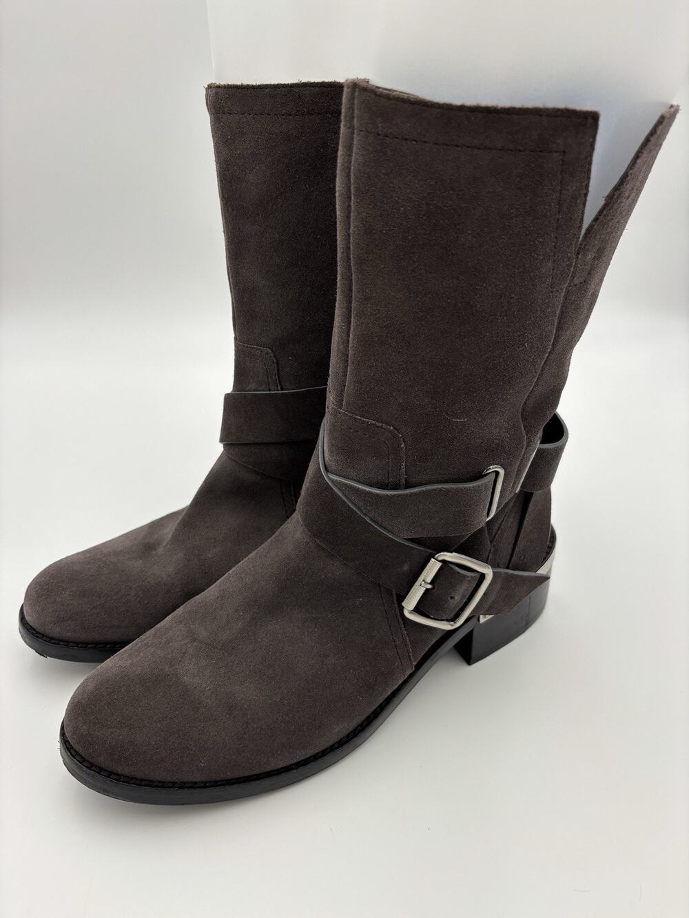 Vince Camuto Wethima Moto Boots Grey Suede Size 9.5 / 41 Buckle Block Heel